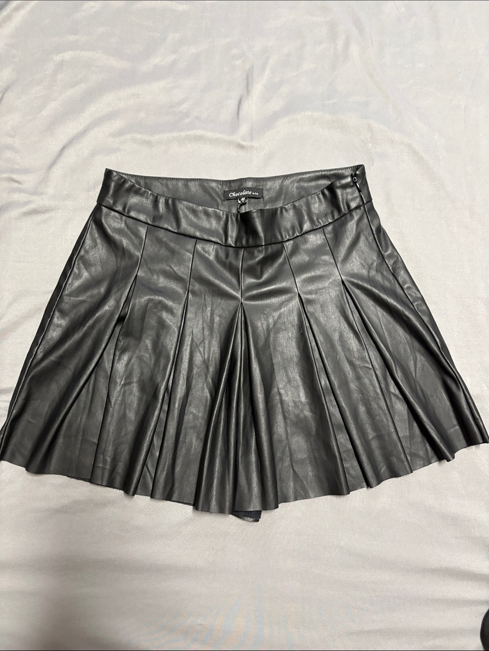 Chocolate Black Faux Leather Pleated Mini Skort
